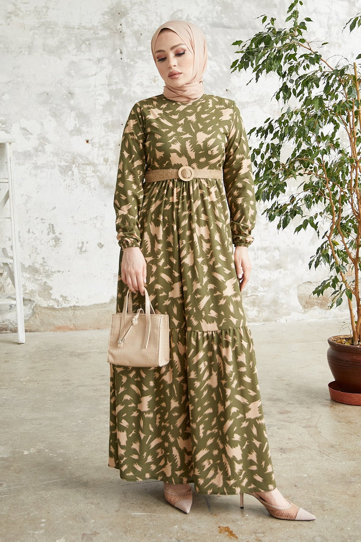 MDS Women Rena Straw Belted Patterned Dress - Khaki - Dewsbury