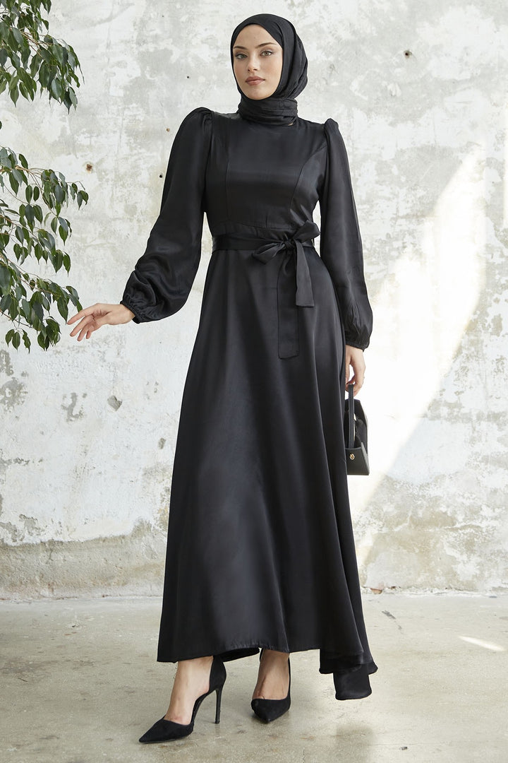 MDS Women Belted Balloon Sleeve Satin Dress - Black - Pembroke Pines