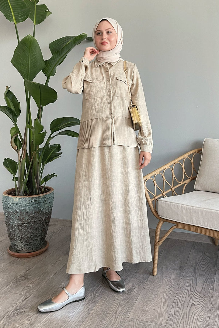 MDS Women Beige Linen Suit with Pleated Skirt - Northampton