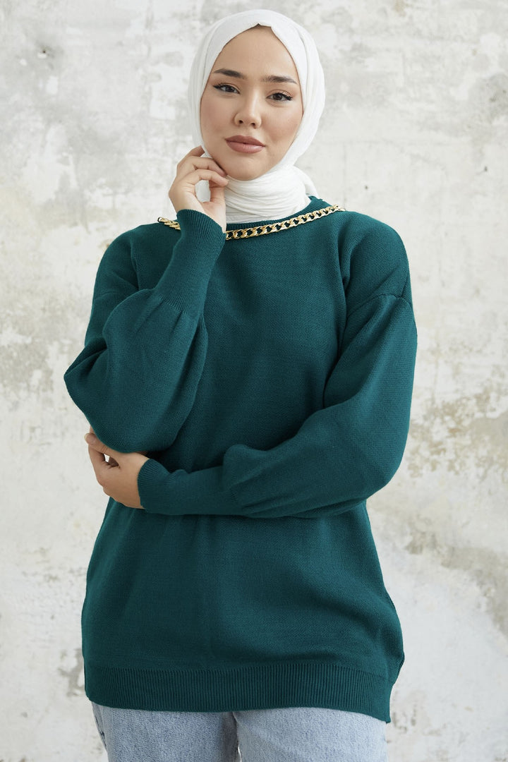 MDS Women Green Chain Detailed Knit Sweater - Emerald Green - Limerick
