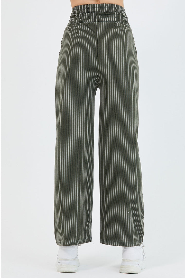MDS Women High Waist Striped Wide Leg Pants - Khaki - Seaside