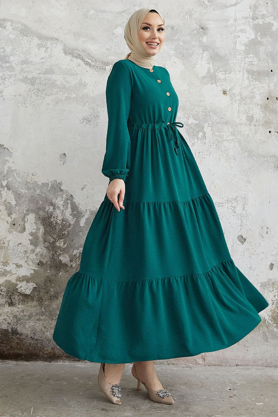 MDS Women Pamela Buttoned Ayrubin Dress - Emerald Green - Huntersville