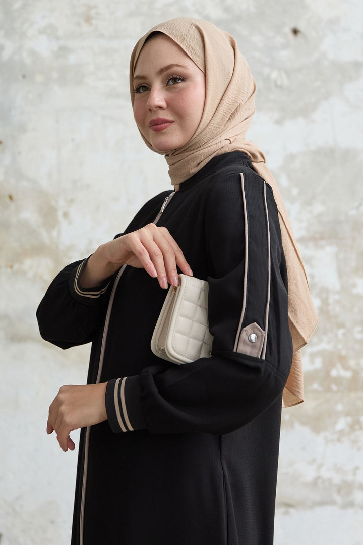 MDS Women Black Abaya with Half-Collar and Ribbed Sleeve - Flagstaff