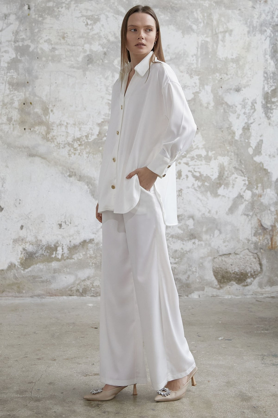 MDS Women Satin Shirt and Pants Suit - White - Lafayette