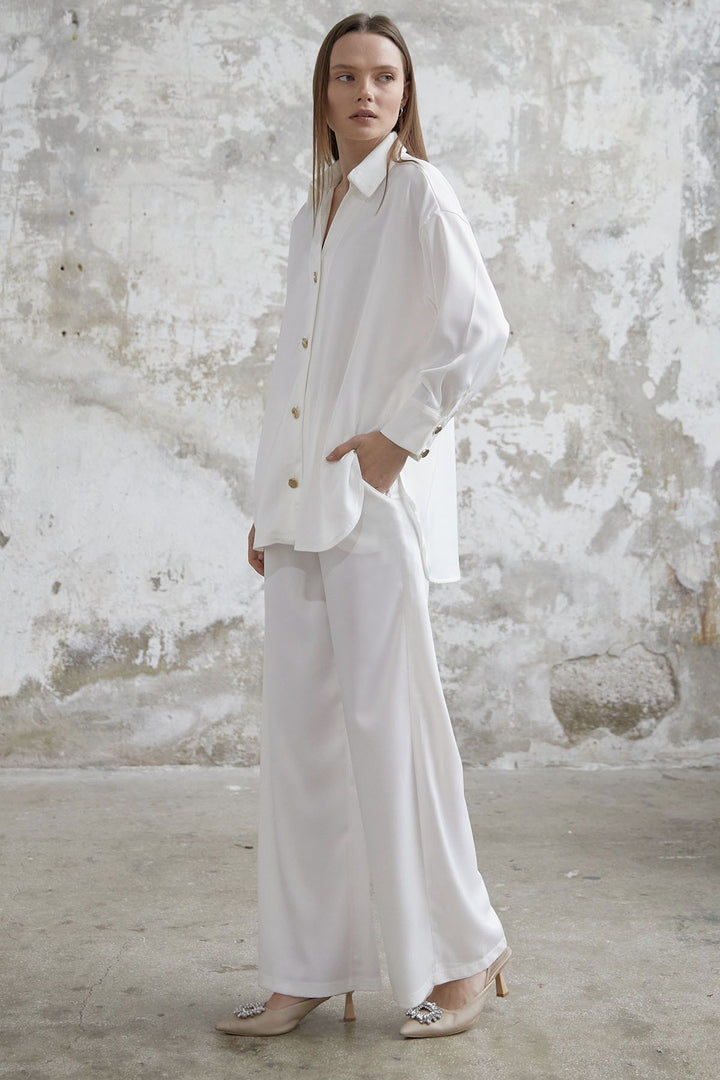 MDS Women Satin Shirt and Pants Suit - White - Lafayette