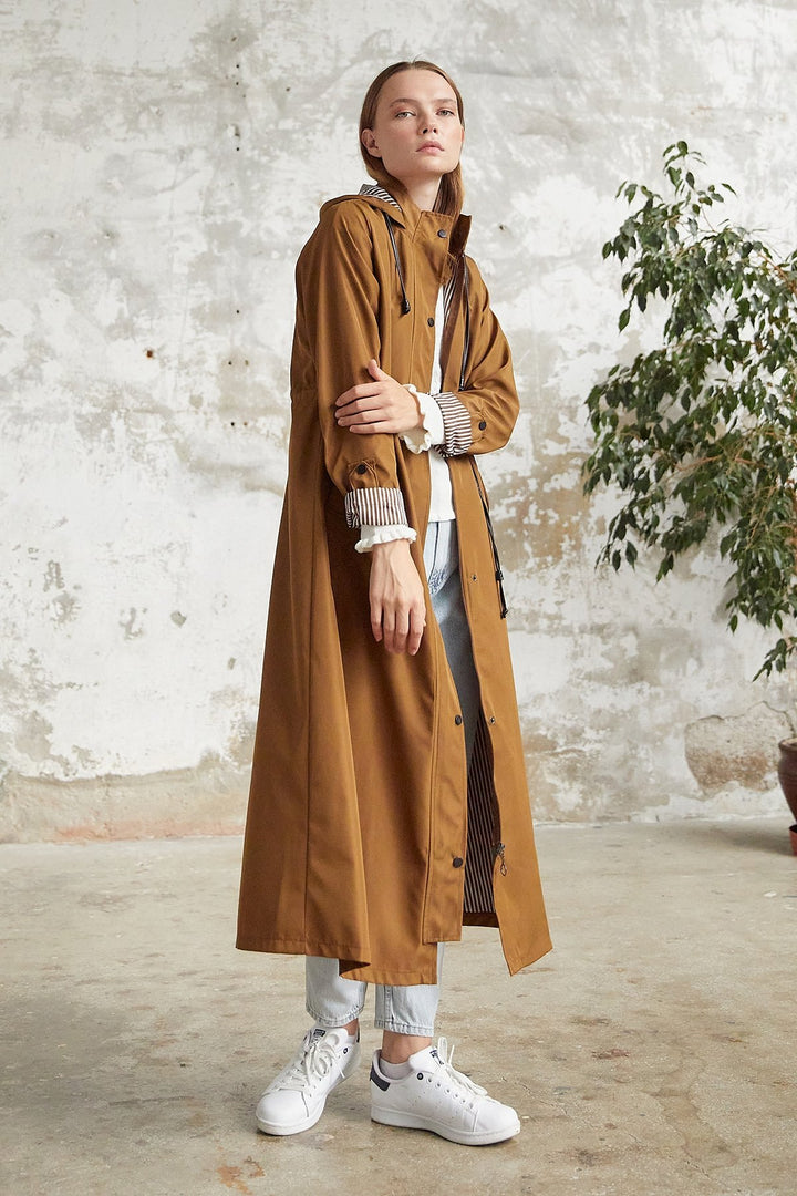 MDS Women Line Pattern Trench Coat - Tan - Jette