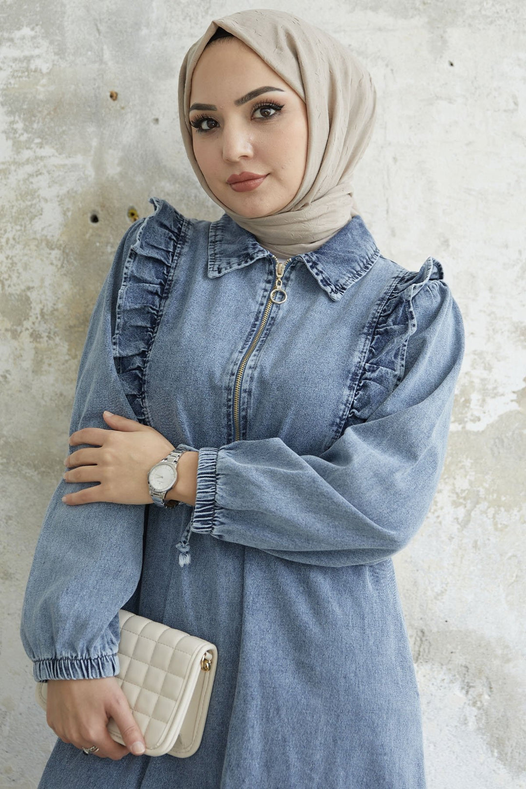 MDS Women Ruffled Detail Tunnel Belted Denim Dress - Blue - Mount Vernon
