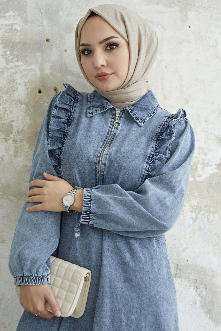 MDS Women Ruffled Detail Tunnel Belted Denim Dress - Blue - Mount Vernon