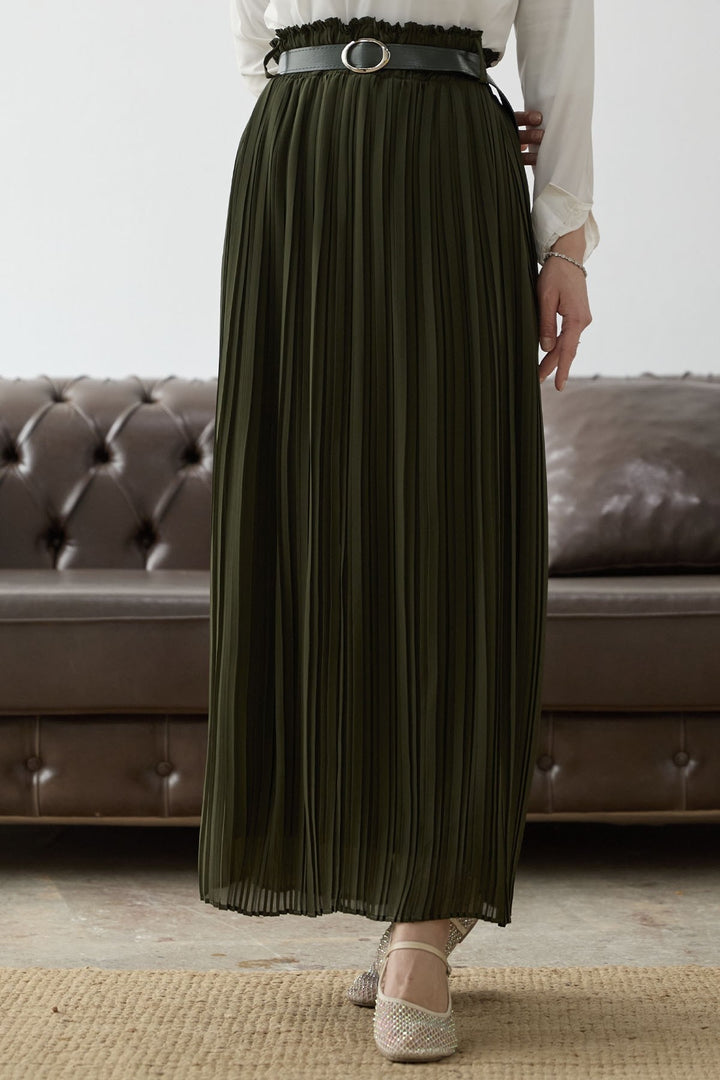 MDS Women Ruched Chiffon Skirt with Belt - Khaki - Dachau