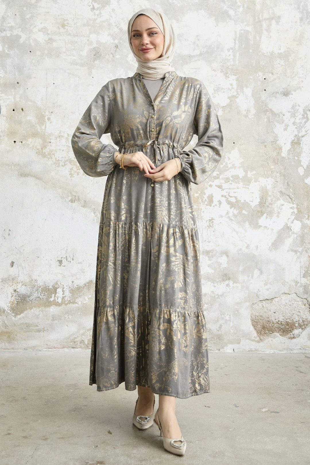 MDS Women Gold Flower Leaf Dress - Gray - Guildford