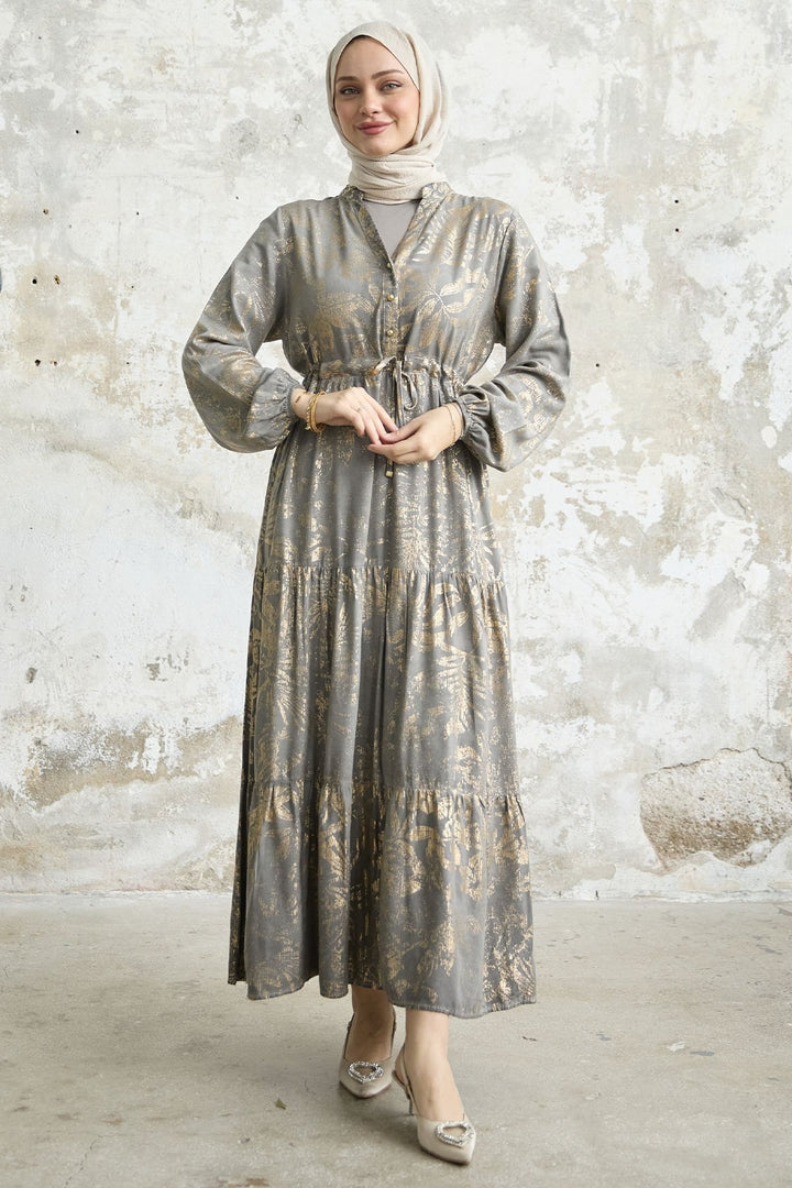 MDS Women Gold Flower Leaf Dress - Gray - Guildford
