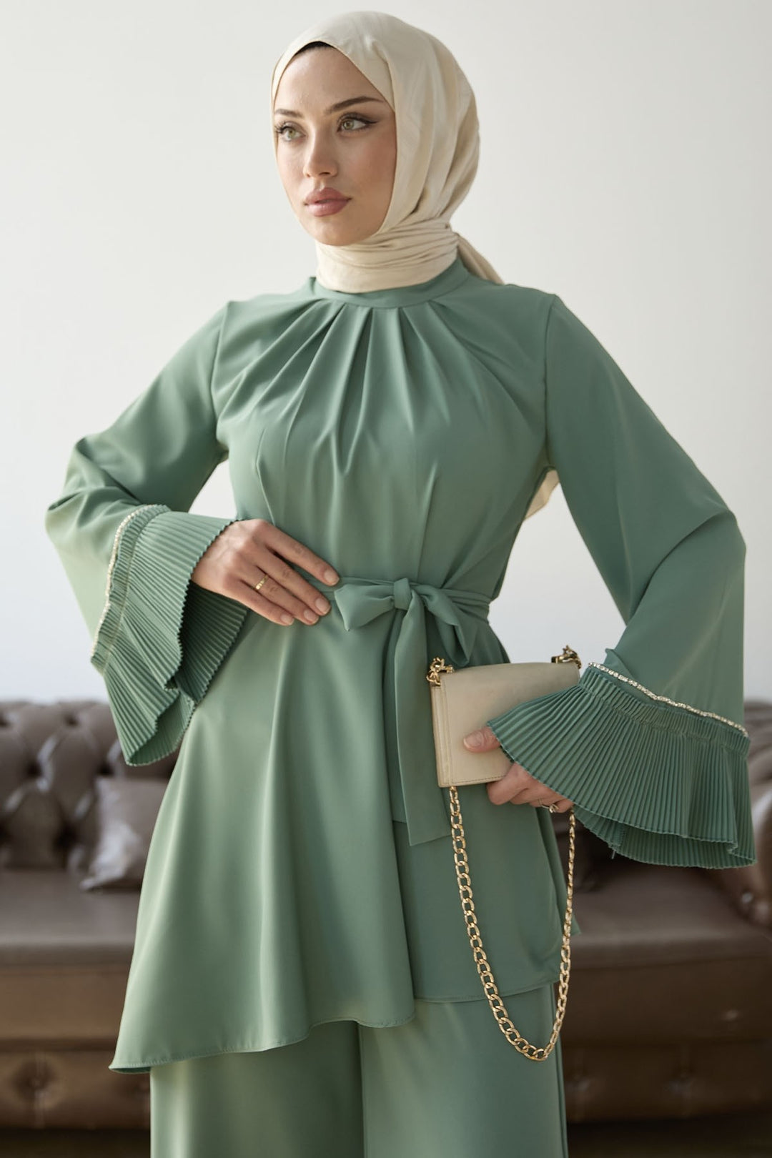 MDS Women Armhole Padded Belted Two Piece Set - Mint - Denver
