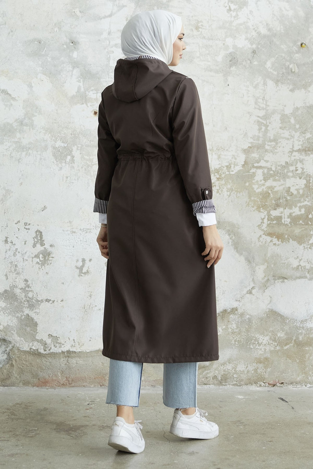 MDS Women Striped Patterned Long Trench Coat - Bitter Brown - Saint Albans
