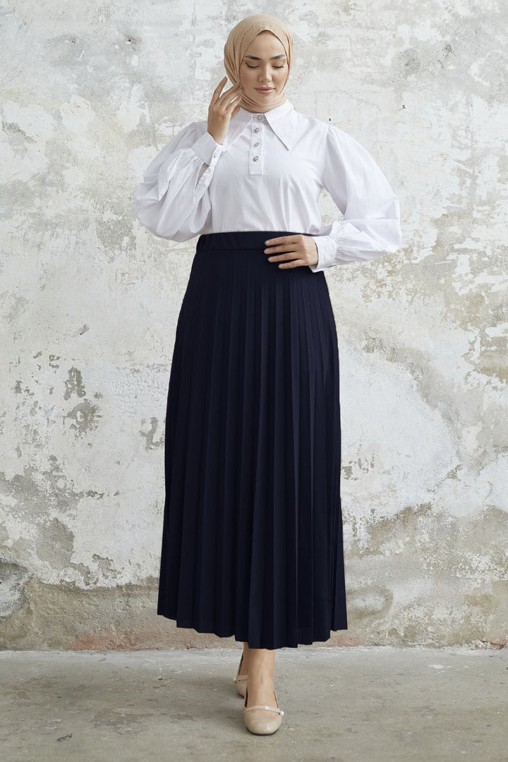 MDS Women Luisa Beli Rubber Waist Pleated Skirt - Navy Blue - Detroit