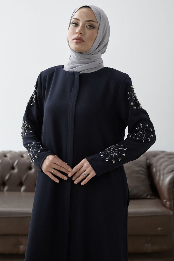 MDS Women Sleeves Pearl Stone Detail Abaya - Navy Blue - Roy