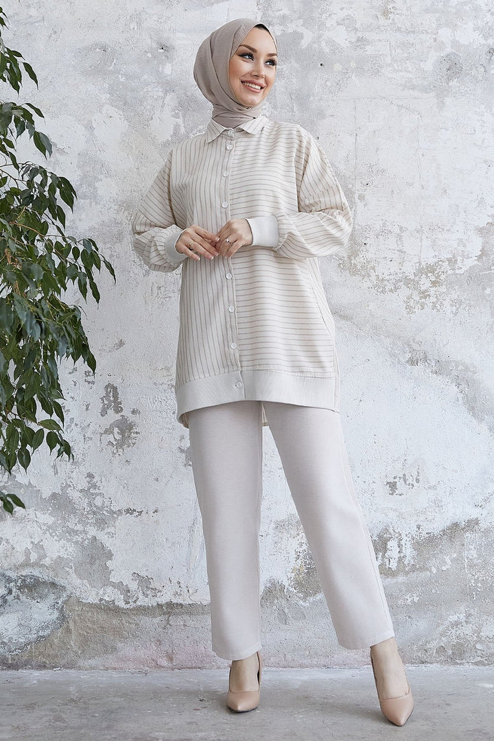 MDS Women Linen Stripe Pattern Shirt Set - Beige - Abrantes