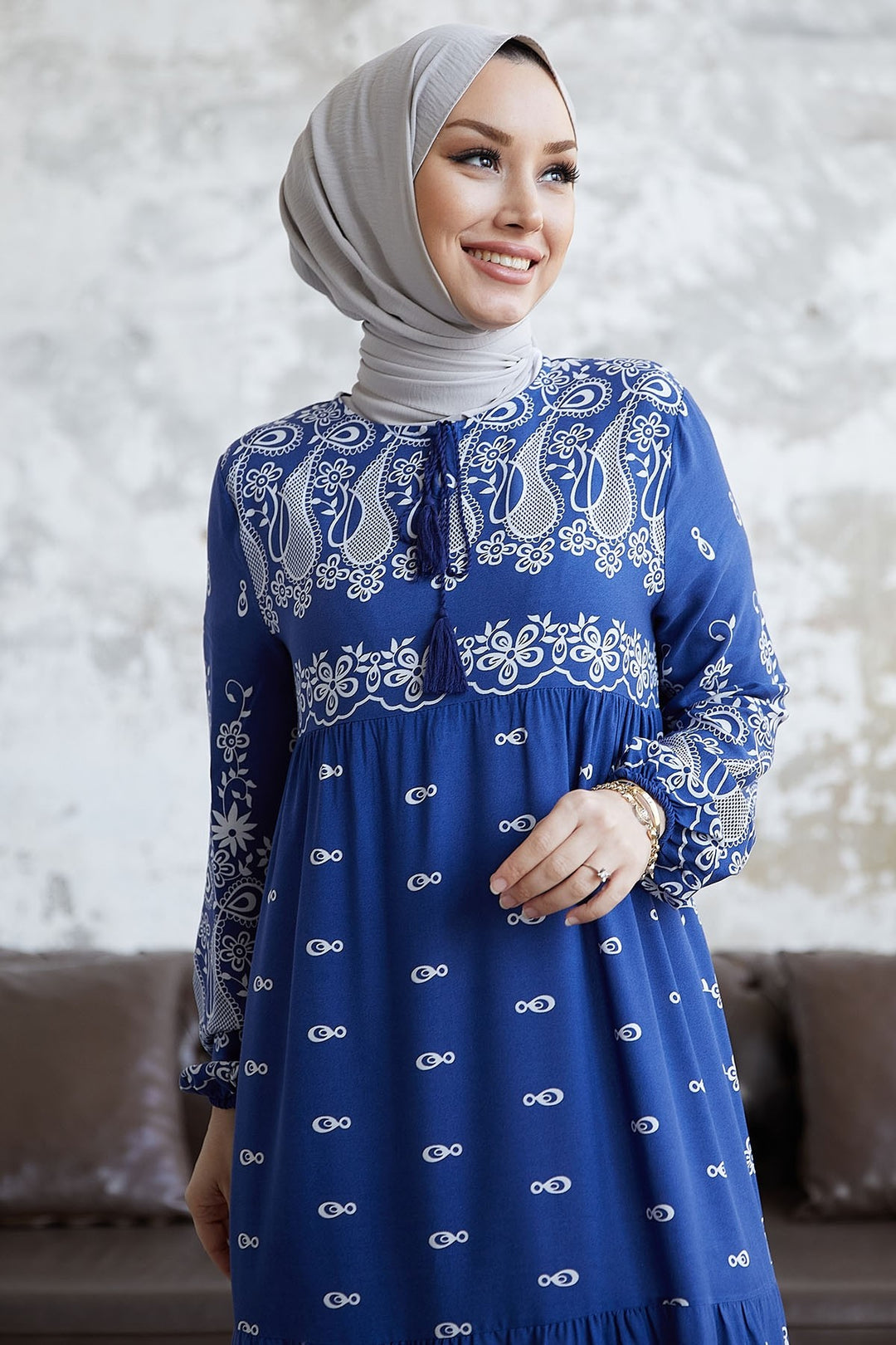 MDS Women Viscose Dress with Tassel Pattern in Front of the Jungle - Indigo - Manacor