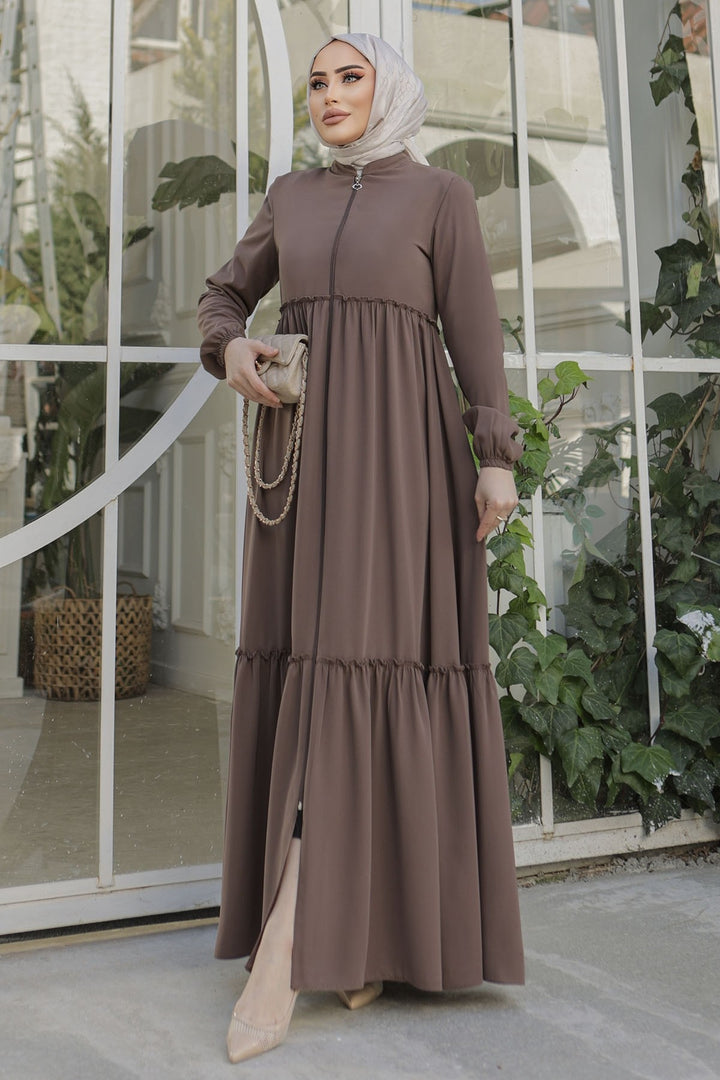MDS Women Pleated Detail Zippered Abaya - Brown - Surrey