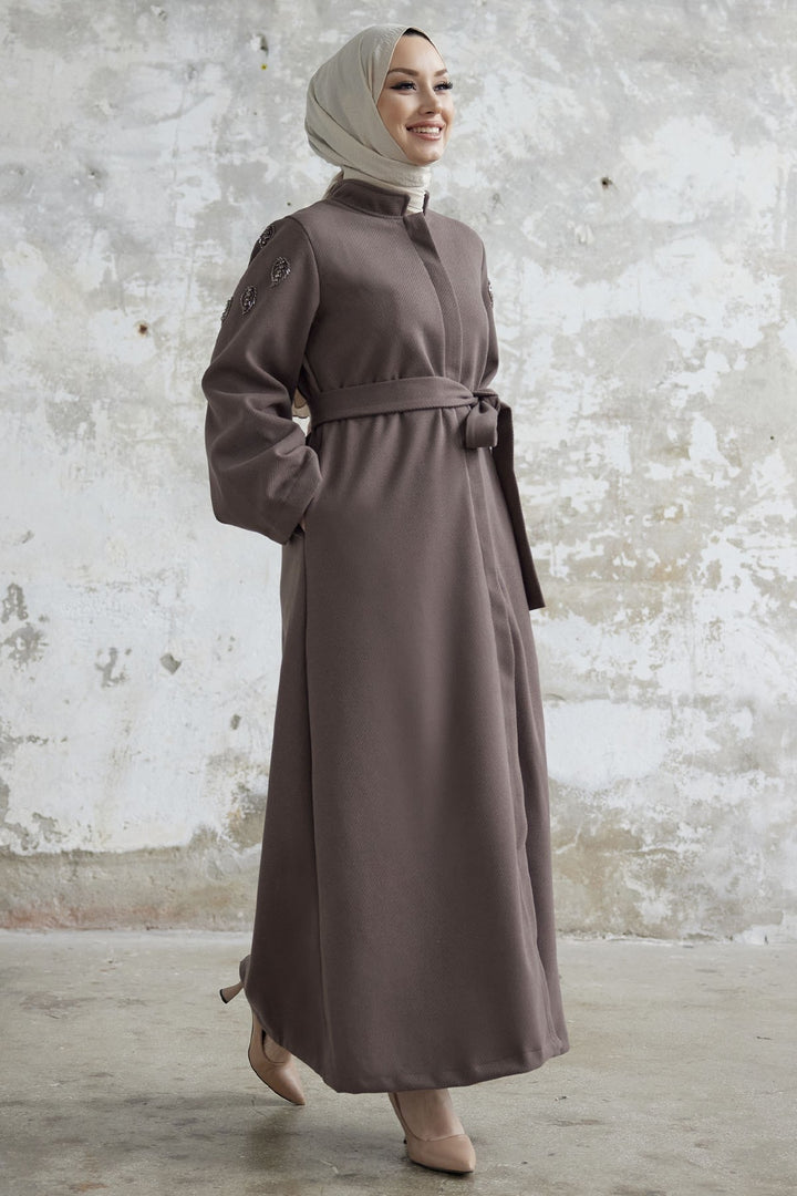 MDS Women Nomira Stone Detail Belted Coat - Milky Coffee - Billerica