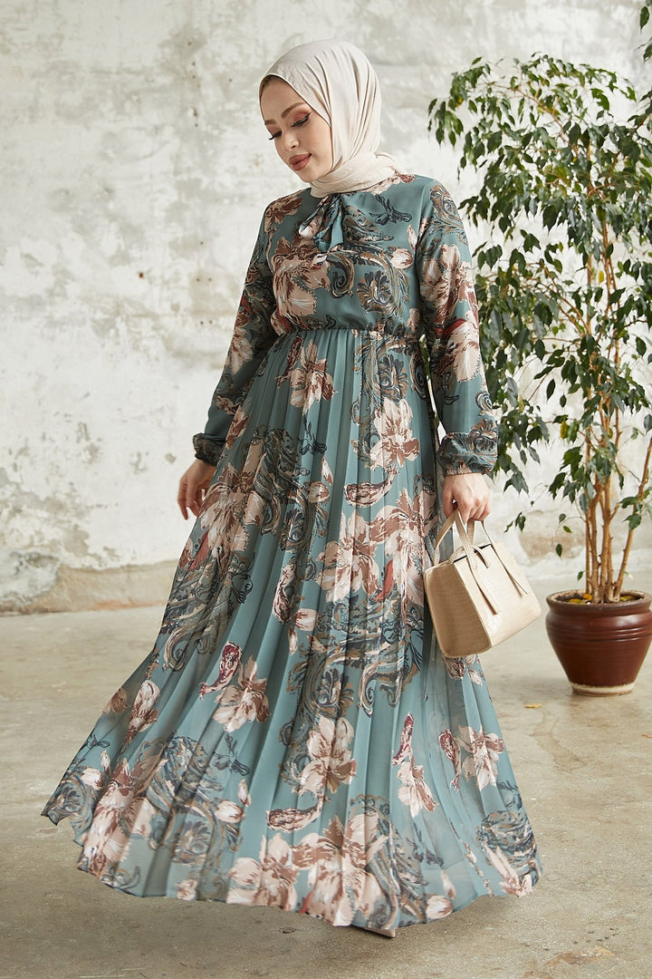 MDS Women Serena Flower Pattern Pleated Chiffon Dress - Petrol Green - Veenendaal