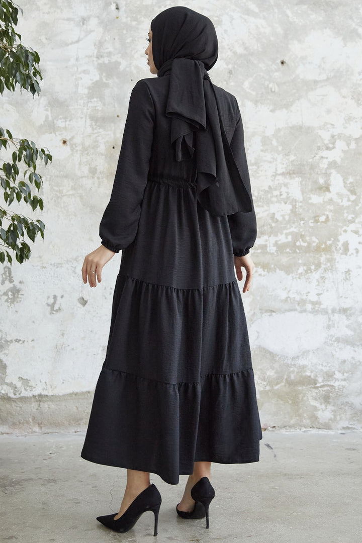 MDS Women Frilled Detail Buttoned A-line Dress - Black - Memmingen