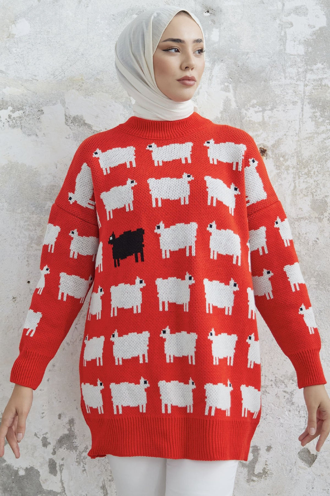 MDS Women Lamb Patterned Knit Sweater - Red - Villenave-d’Ornon