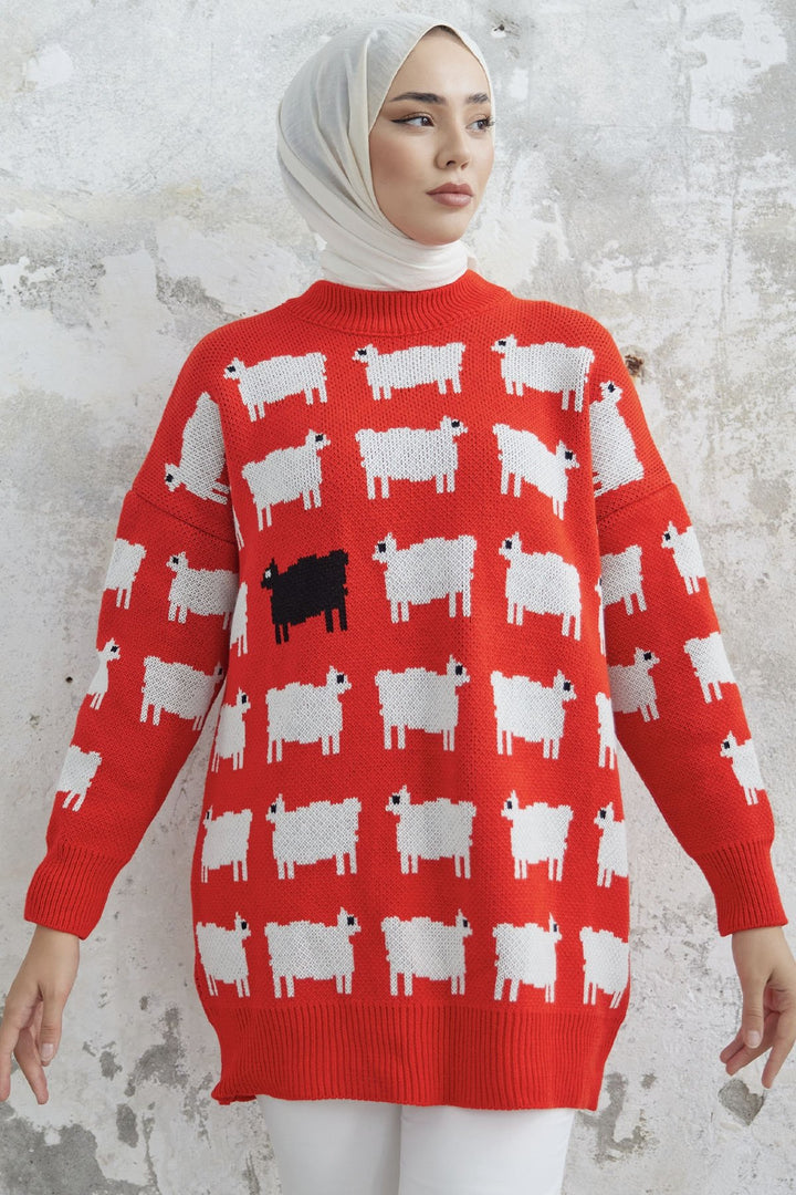 MDS Women Lamb Patterned Knit Sweater - Red - Villenave-d’Ornon