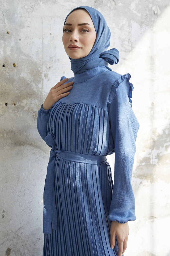 MDS Women Ruffle Trim Linen Dress with Puff Sleeves - Indigo - Goch
