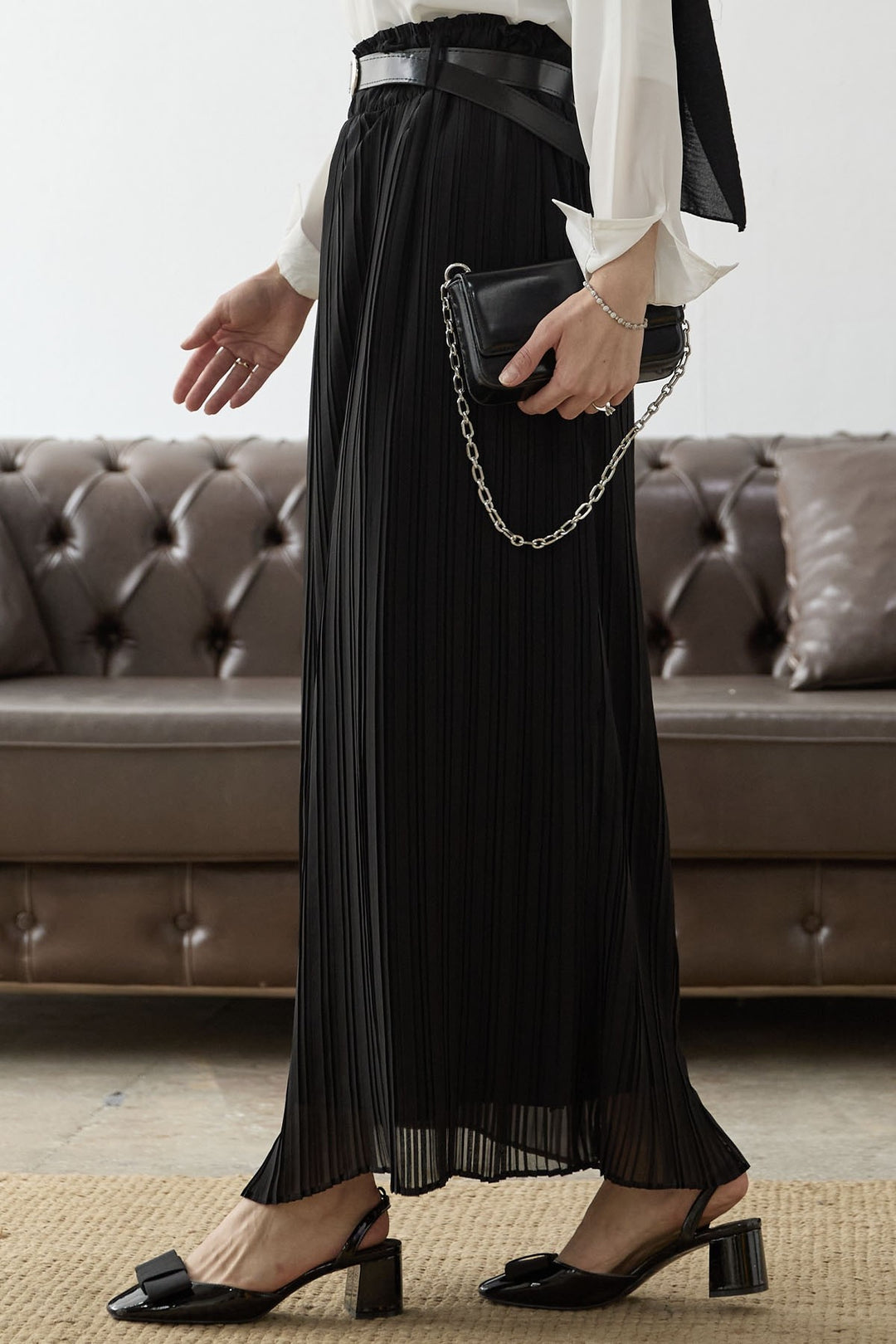 MDS Women Ruched Waist Chiffon Skirt with Belt - Black - Petaluma