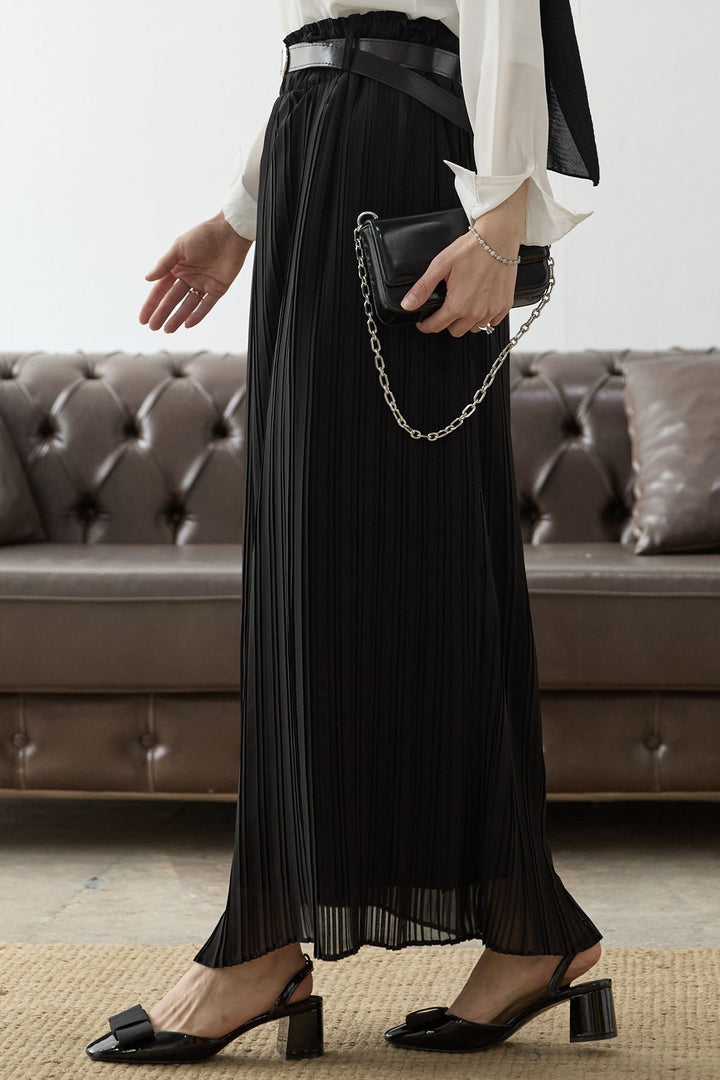 MDS Women Ruched Waist Chiffon Skirt with Belt - Black - Petaluma