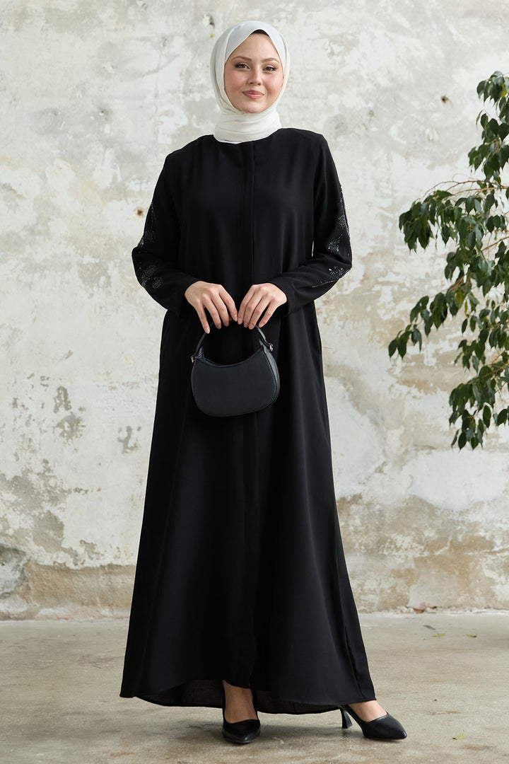 MDS Women Black Abaya with Leaf Pearl Sleeves - Oakland
