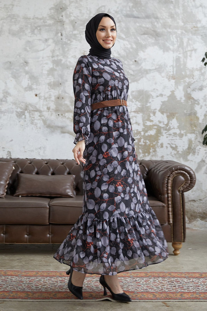 MDS Women Drop Pattern Belted Chiffon Dress - Anthracite - Bathurst