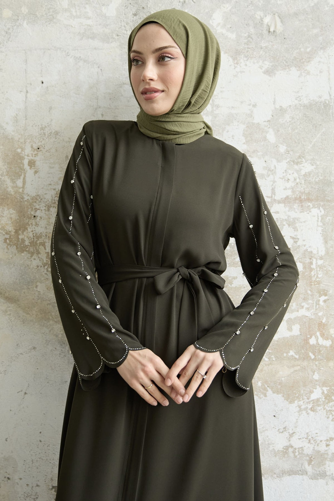 MDS Women Stone-Embroidered Sleeve Abaya - Khaki - San Adrián de Besós