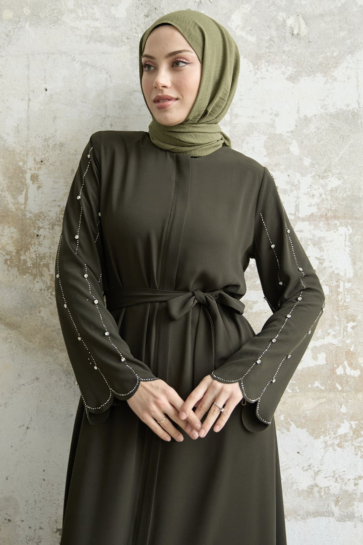 MDS Women Stone-Embroidered Sleeve Abaya - Khaki - San Adrián de Besós