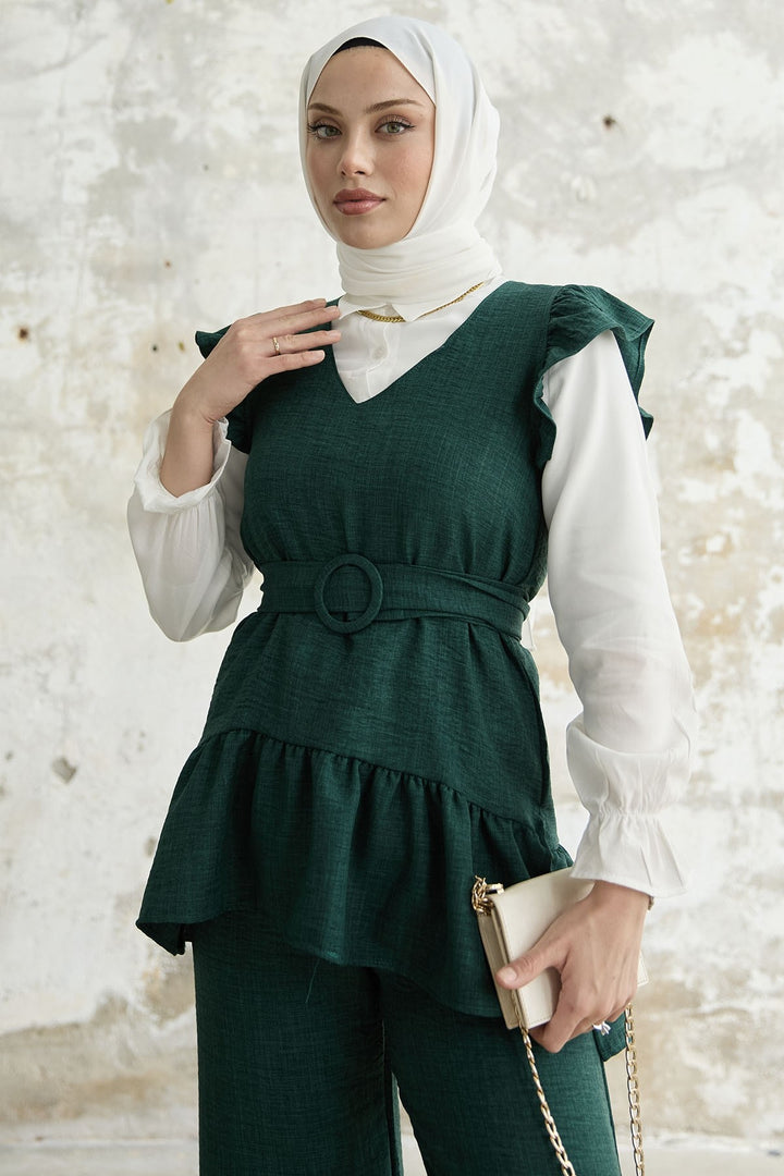 MDS Women Ruffled Shoulder Three Piece Set - Emerald Green - Waukesha