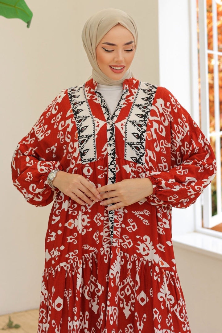 MDS Women Buttoned Loose Patterned Terracotta Viscose Dress - Culver City