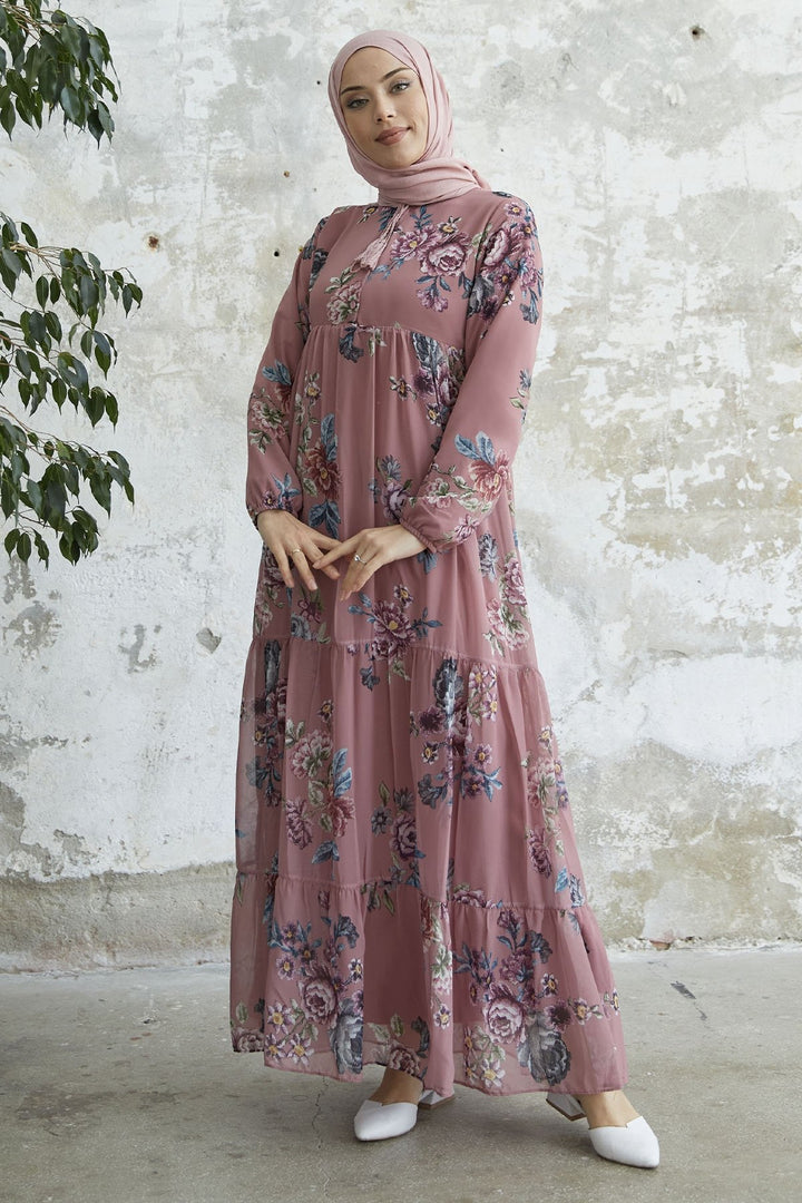 MDS Women Lace-Up Floral Chiffon Dress - Rose Pink - Silver Spring