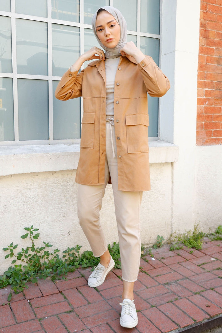 MDS Women Pocket Buttoned Gabardine Shirt - Camel - Hemet
