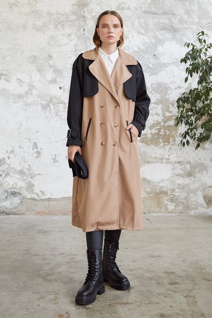MDS Women Two-Tone Epaulet Detail Trench Coat - Black - Lleida