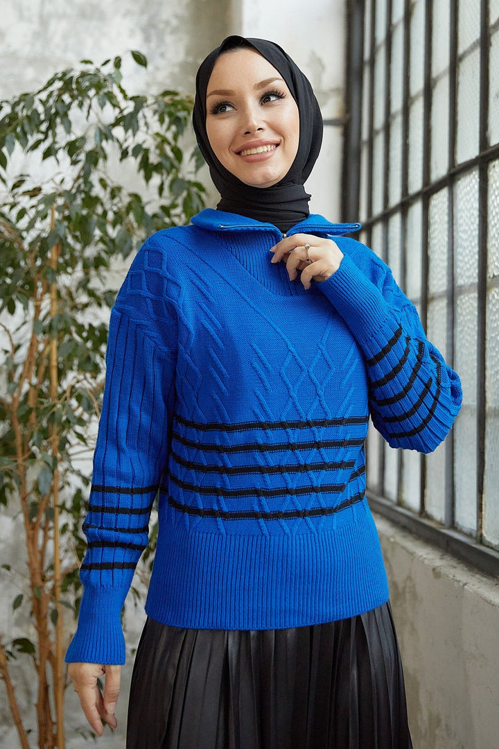 MDS Women Sova Neck Zippered Striped Knit Sweater - Sky Blue - Colorado Springs