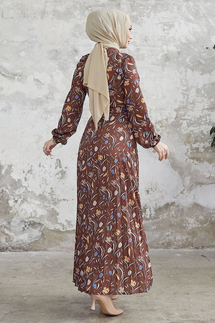MDS Women Seba Flower Patterned Satin Dress with Ruffle - Dark Brown - Lincoln