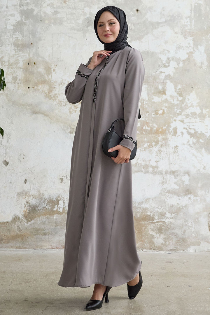 MDS Women Spiral Stone Detailed Honeycomb Mink Abaya - Silver Spring