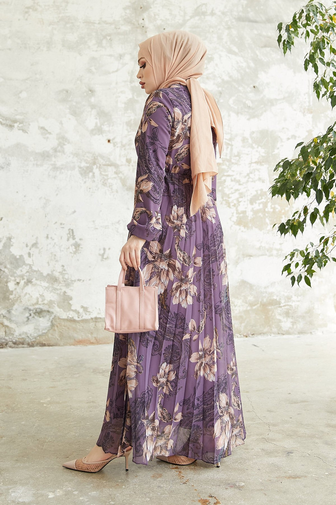 MDS Women Serena Flower Patterned Pleated Chiffon Dress - Purple - Catanzaro