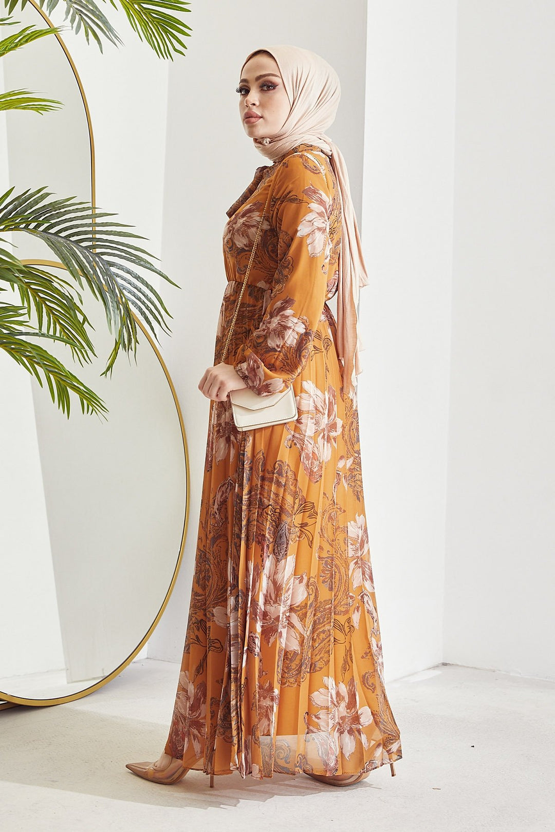 MDS Women Serena Flower Pattern Pleated Chiffon Dress - Mustard - Panama City