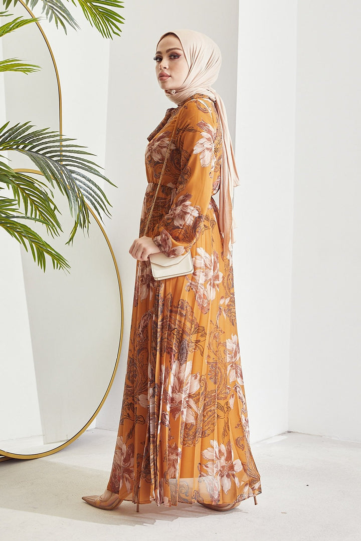 MDS Women Serena Flower Pattern Pleated Chiffon Dress - Mustard - Panama City