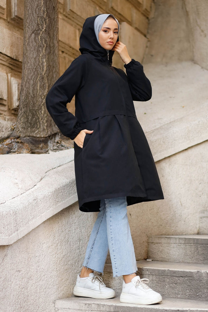 MDS Women Pile Detail Hooded Zippered Jacket - Black - Valle Hermoso