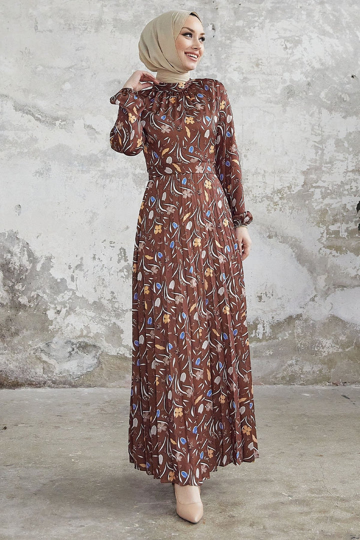 MDS Women Seba Flower Patterned Satin Dress with Ruffle - Dark Brown - Lincoln