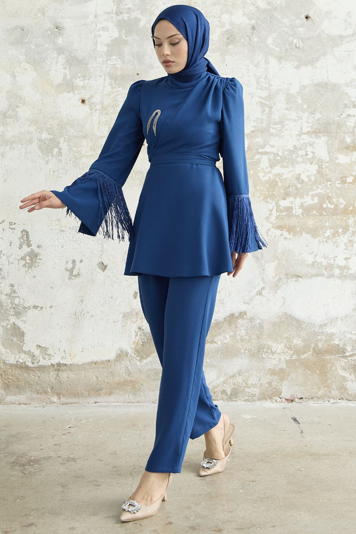 MDS Women Tasseled Sleeve Stone Crepe Set - Cornflower Blue - Lima