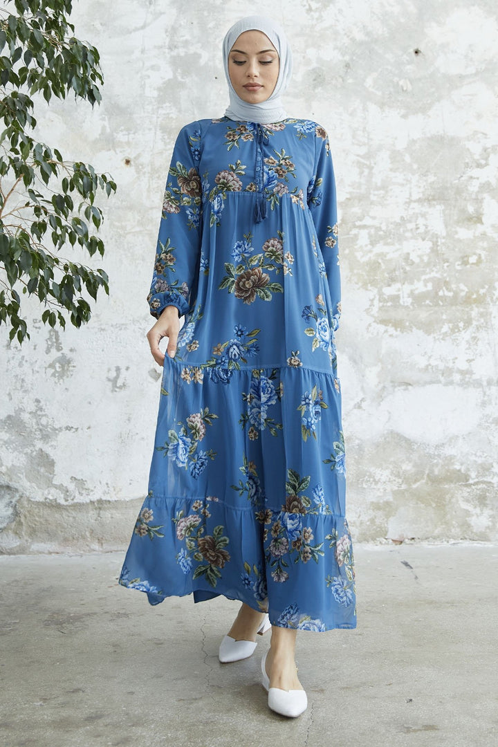 MDS Women Lace-Up Floral Chiffon Dress - Indigo - Landau