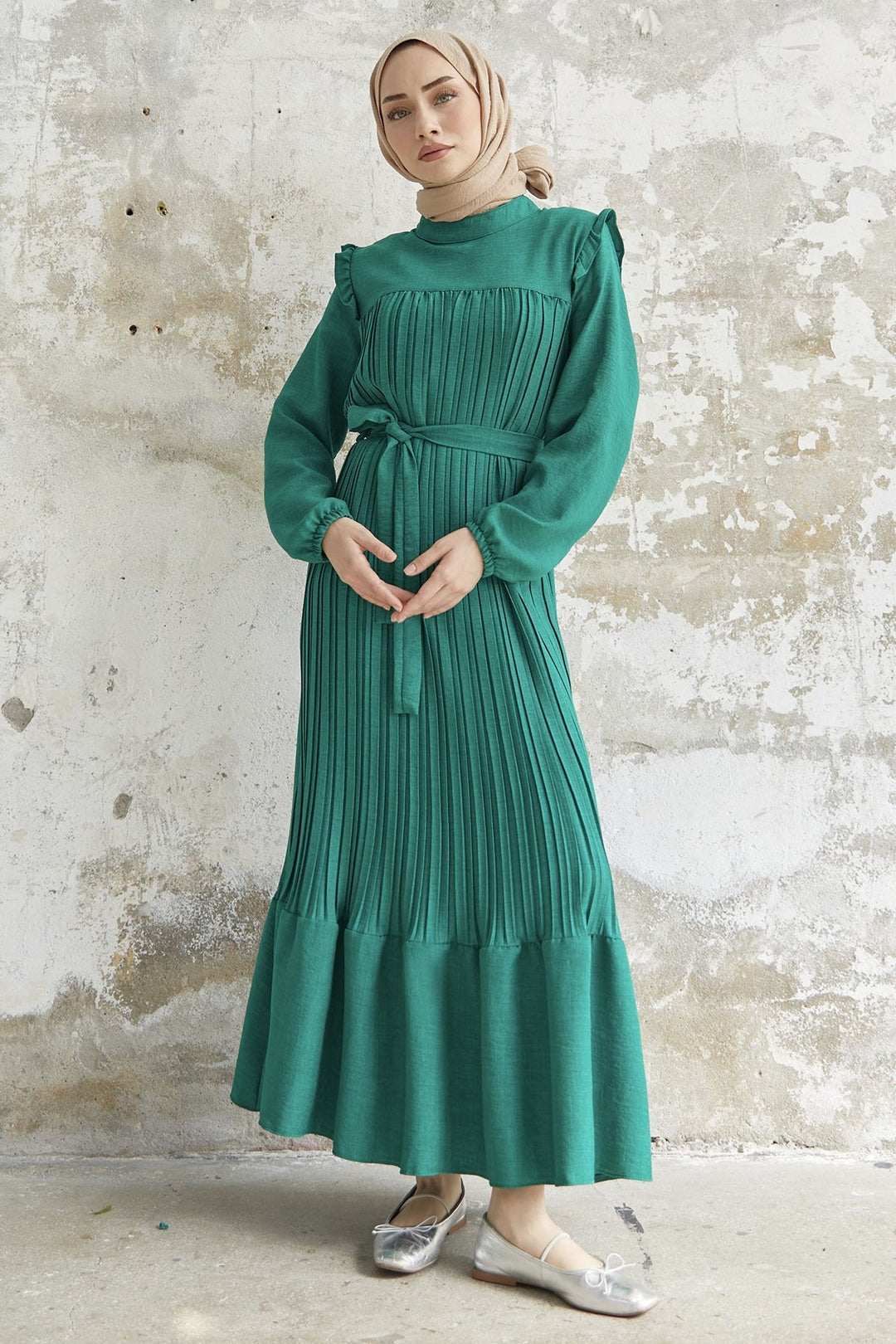 MDS Women Ruffle Trim Linen Dress with Puff Sleeves - Green - Arnold